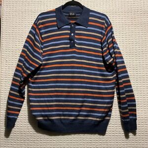 Jos A Bank Sweater Large 100% Merino Wool Henley Navy Blue Stripe Preppy